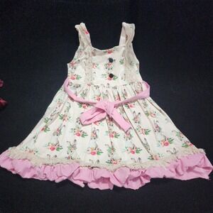 Marie Nicole Clothing Kids Bunny Floral Lace Dress Pink Ribbon‎ Bow Size L
